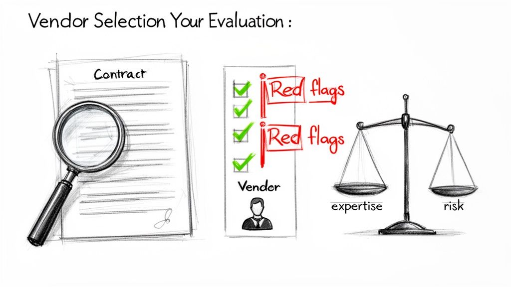 Vendor selection process illustration: reviewing contracts, identifying red flags, and balancing expertise versus risk.