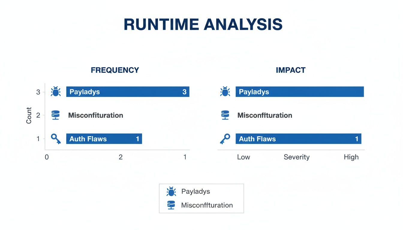 A runtime analysis dashboard displaying frequency and impact of security issues like Payladys, Misconfituration, and Auth Flaws.