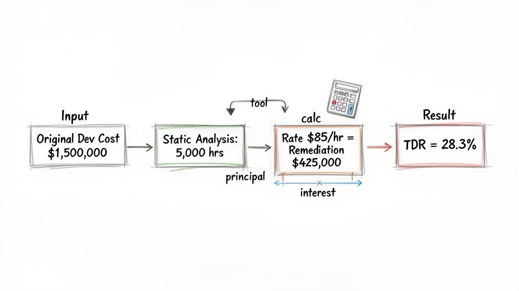 Flowchart detailing technical debt ratio (TDR) calculation from original development cost to remediation.