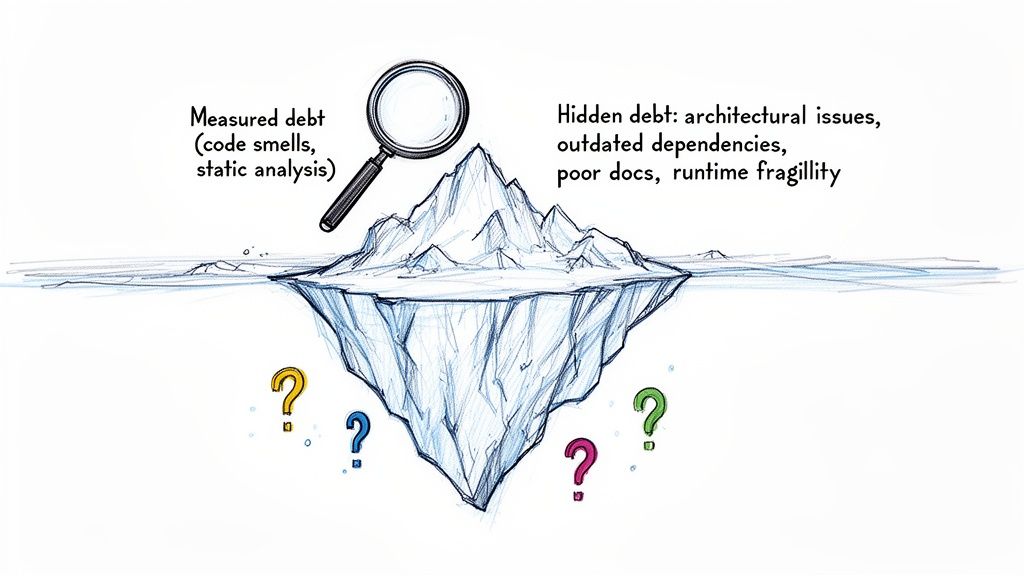 An iceberg diagram illustrating technical debt: 'Measured debt' above water, 'Hidden debt' below, with a magnifying glass.