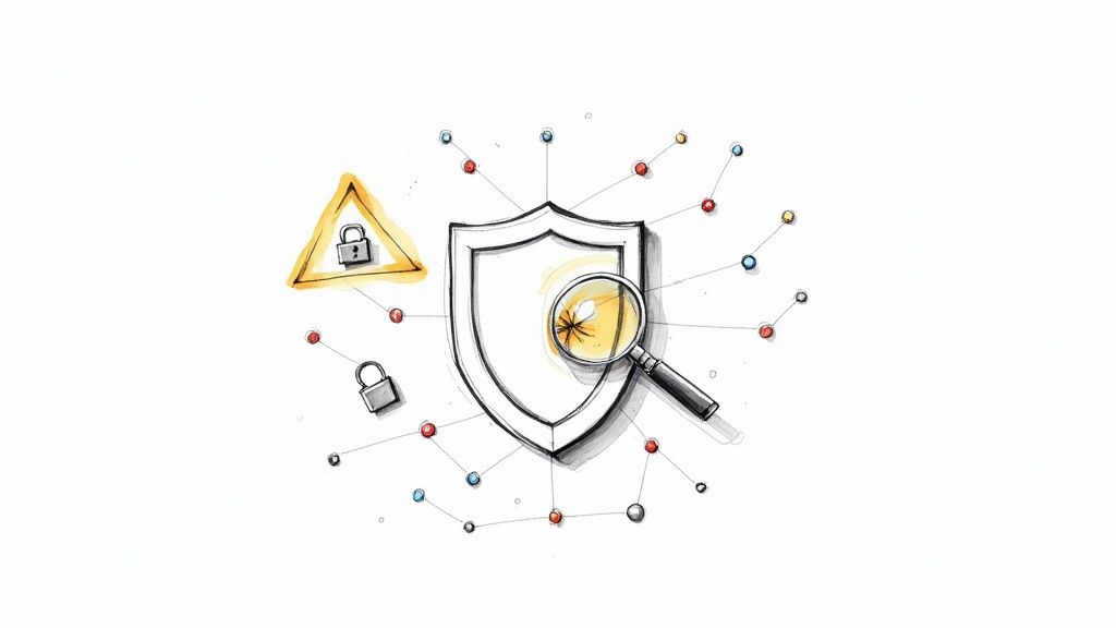 Cybersecurity concept illustration: a shield with a bug under a magnifying glass, warning triangle, and network.