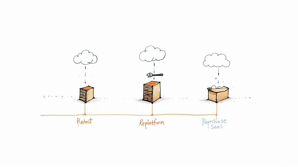 Hand-drawn diagram depicting a central data center with arrows pointing to various cloud migration strategies like Rehost, Refactor, and Retire.