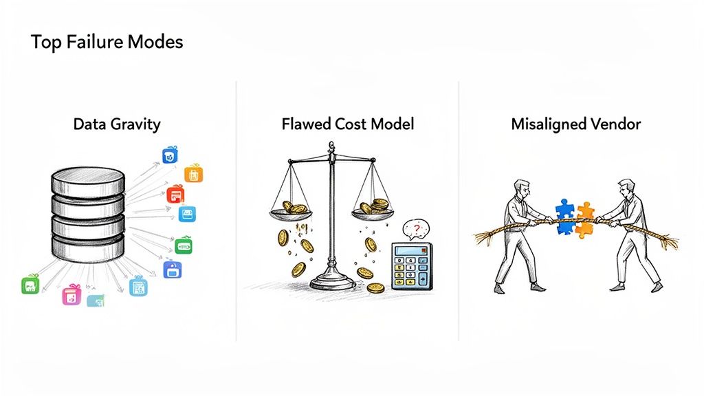 Three illustrations depicting top failure modes: data gravity, flawed cost model, and misaligned vendor.