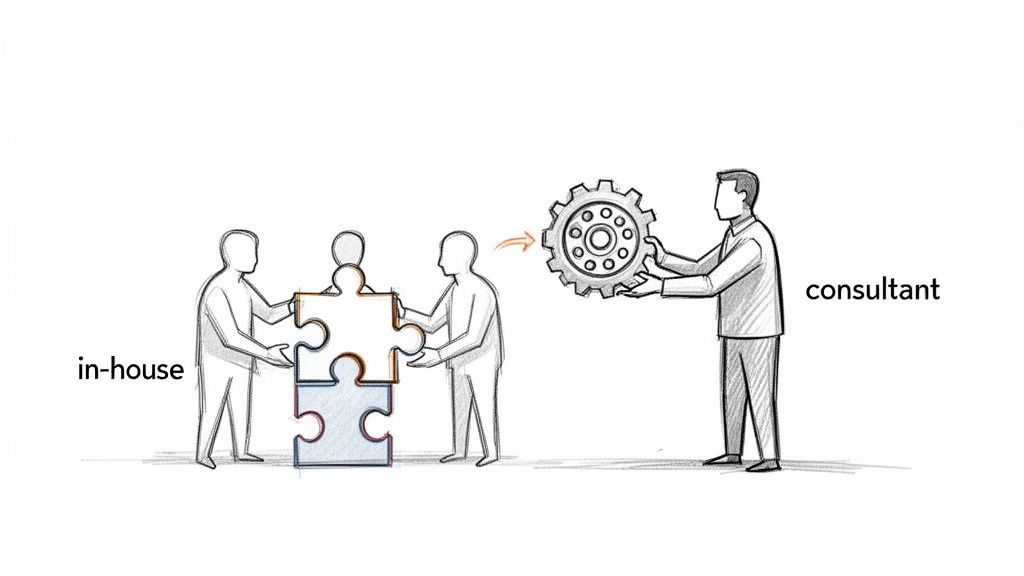 A consultant offers a gear solution to an in-house team working on a complex puzzle.