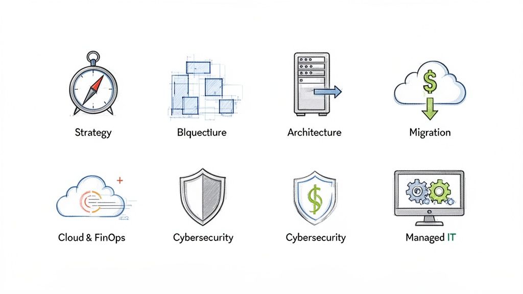 Eight icons depicting technology consulting services: strategy, architecture, migration, cloud, cybersecurity, and managed IT.